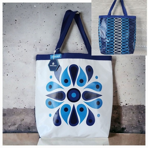 Jonathan Adler White Navy Feather Medallion 2 Sided Beach Talulla Large Tote NWT - Picture 1 of 16